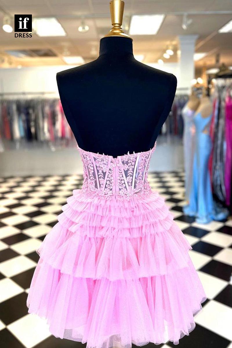 F1442 - Sweet Strapless A-Line Tiered Tulle Shotr Homecoming Graduation Dress