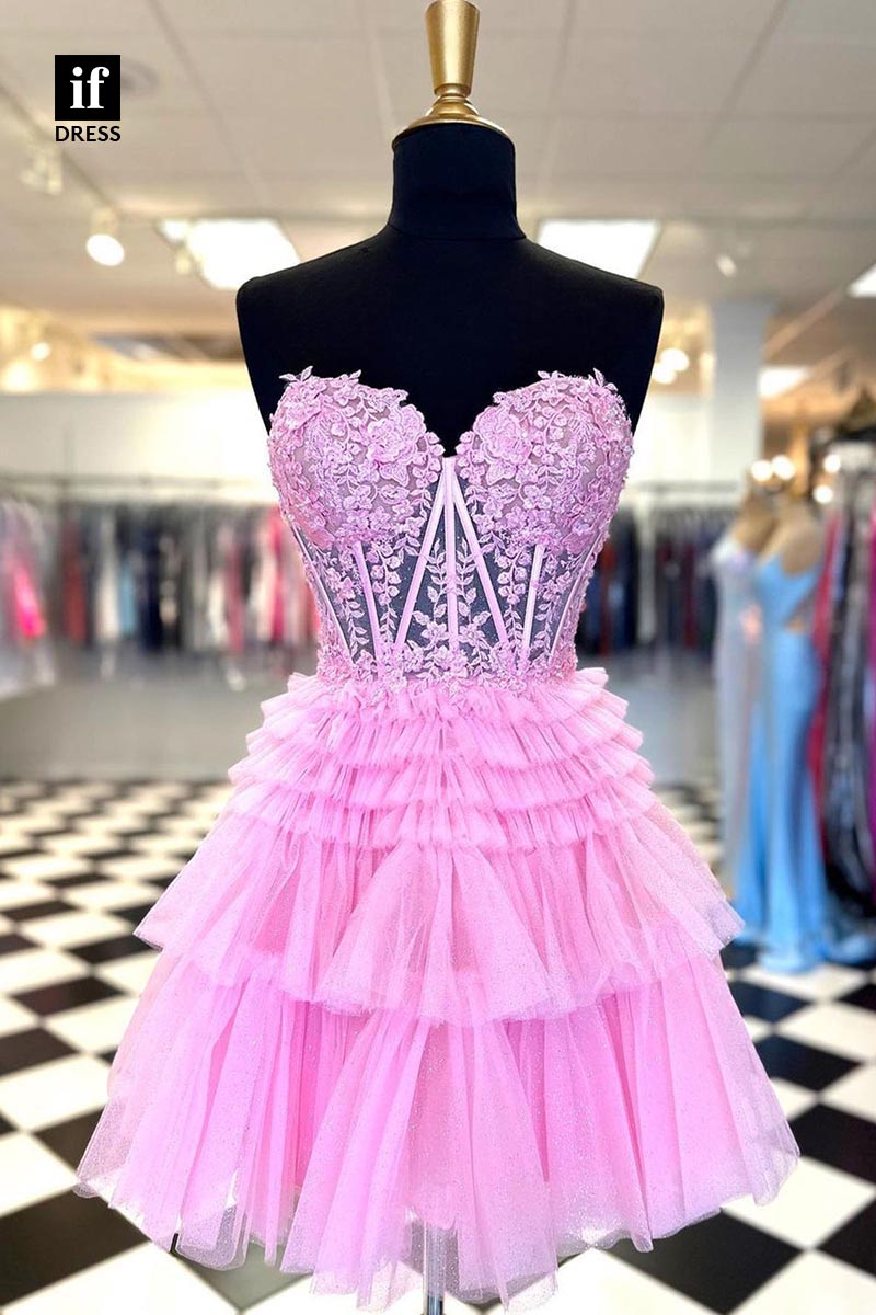 F1442 - Sweet Strapless A-Line Tiered Tulle Shotr Homecoming Graduation Dress