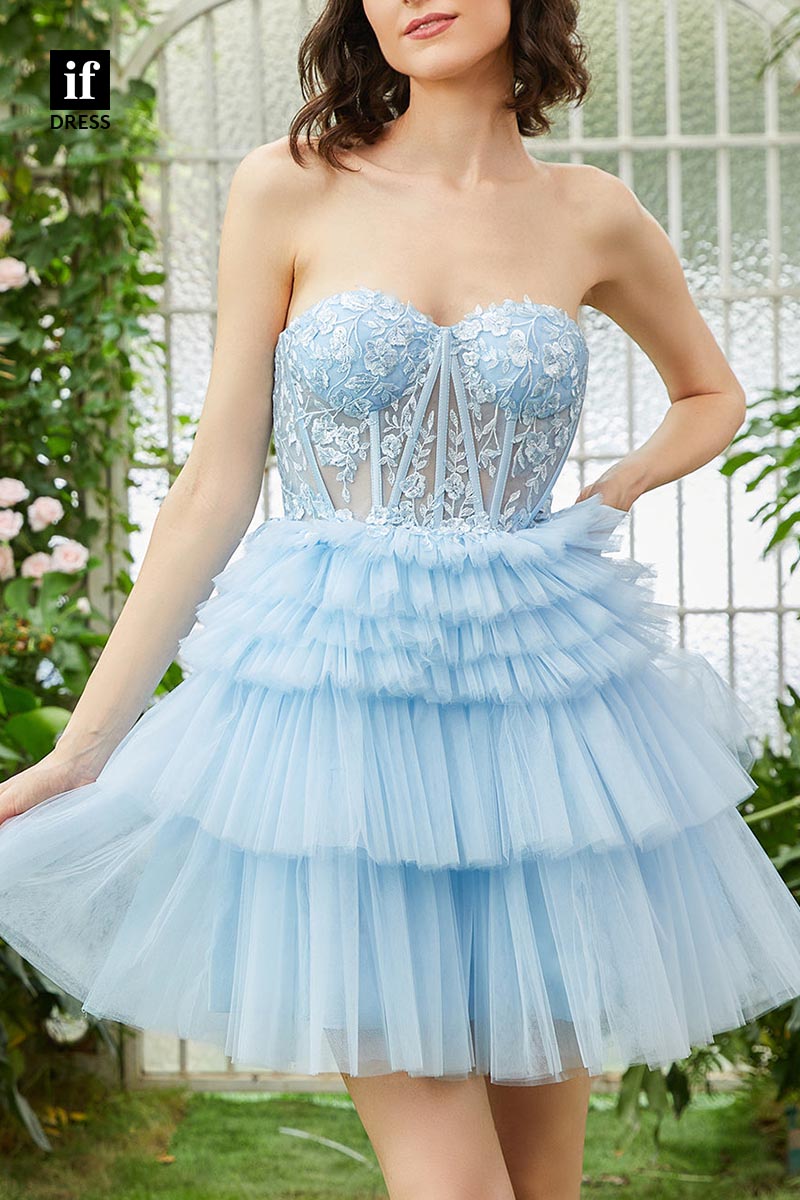 F1442 - Sweet Strapless A-Line Tiered Tulle Shotr Homecoming Graduation Dress