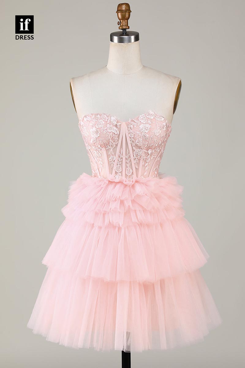 F1442 - Sweet Strapless A-Line Tiered Tulle Shotr Homecoming Graduation Dress