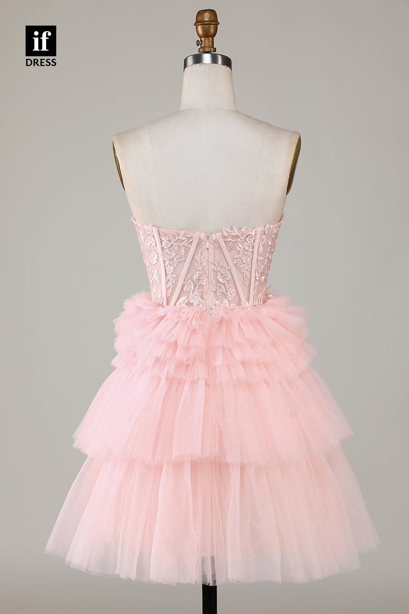 F1442 - Sweet Strapless A-Line Tiered Tulle Shotr Homecoming Graduation Dress