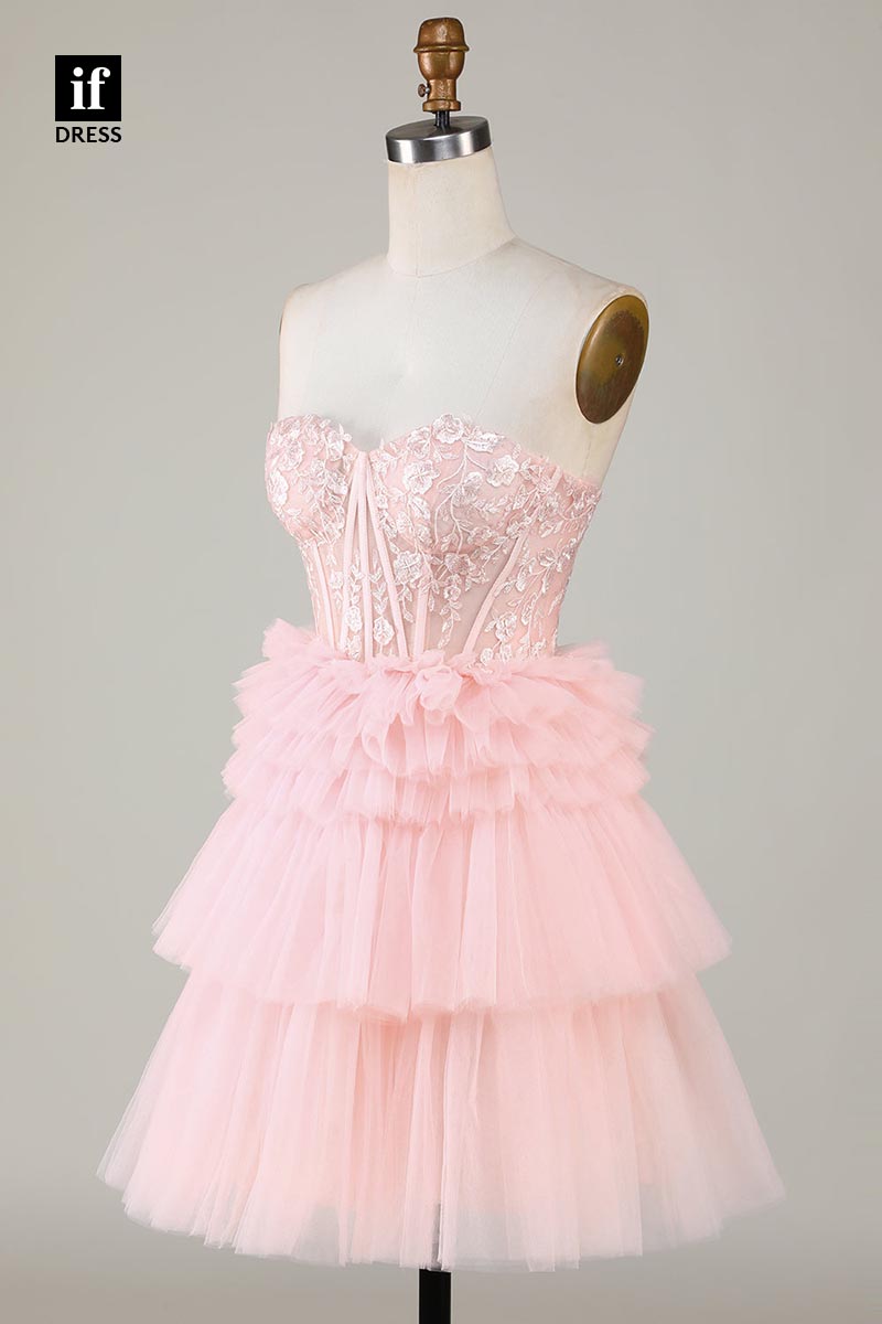 F1442 - Sweet Strapless A-Line Tiered Tulle Shotr Homecoming Graduation Dress