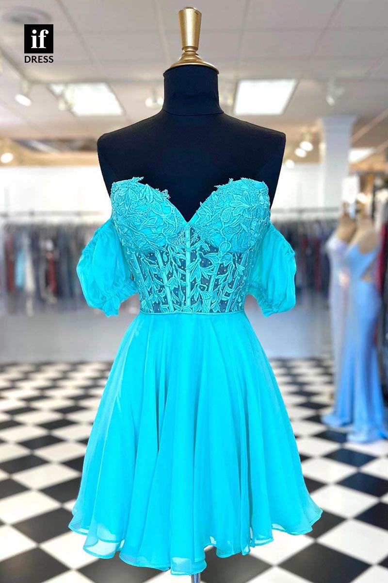 F1443 - Stunning Off Shoulder A-Line Appliques Short Homecoming Graduation Dress