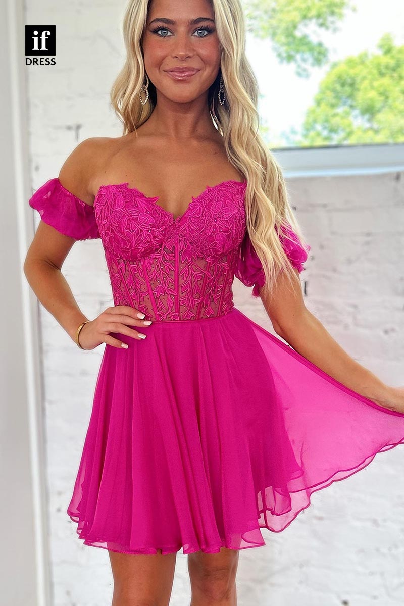 F1443 - Stunning Off Shoulder A-Line Appliques Short Homecoming Graduation Dress