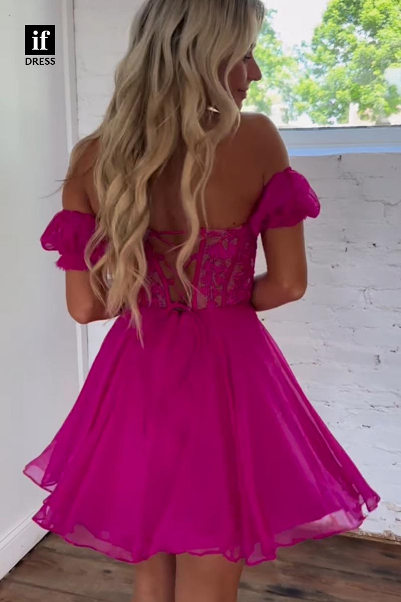 F1443 - Stunning Off Shoulder A-Line Appliques Short Homecoming Graduation Dress