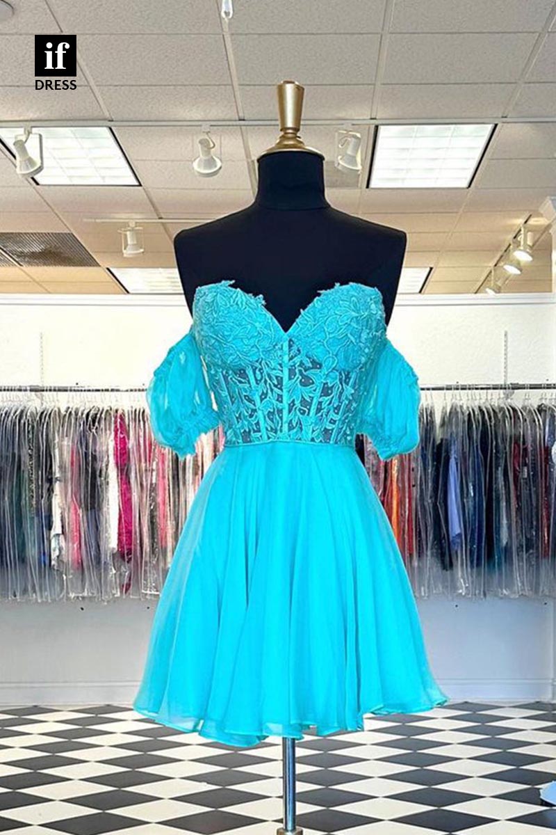 F1443 - Stunning Off Shoulder A-Line Appliques Short Homecoming Graduation Dress