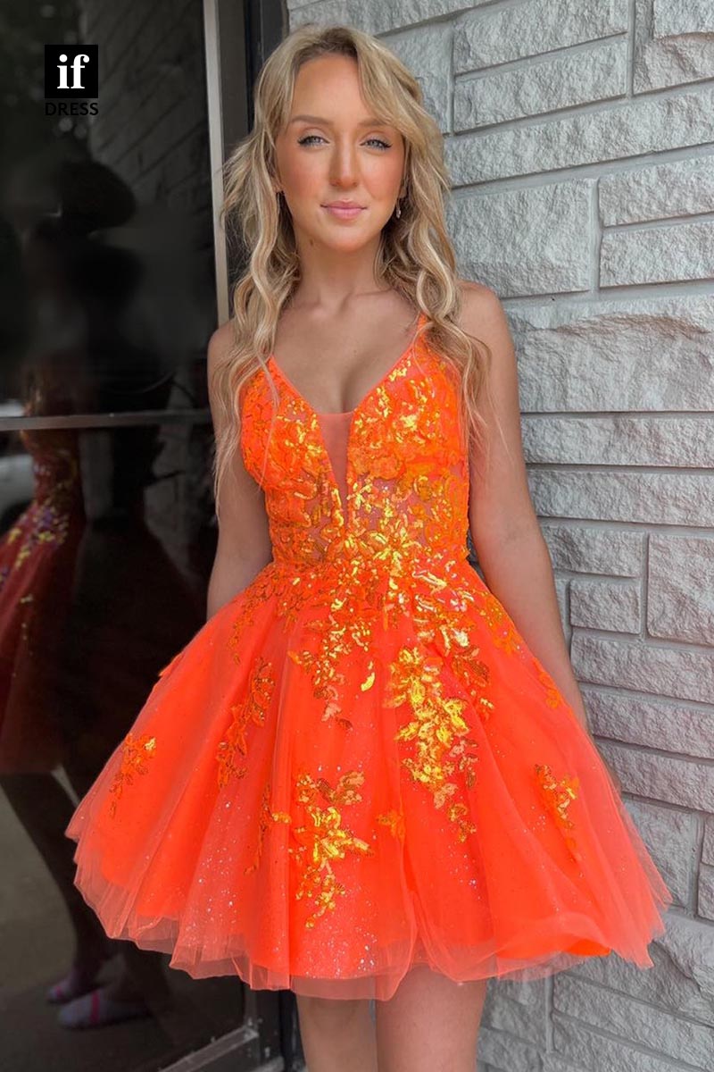 F1445 - Sexy A-Line Spaghetti Straps Appliques Short Homecoming Graduation Dress