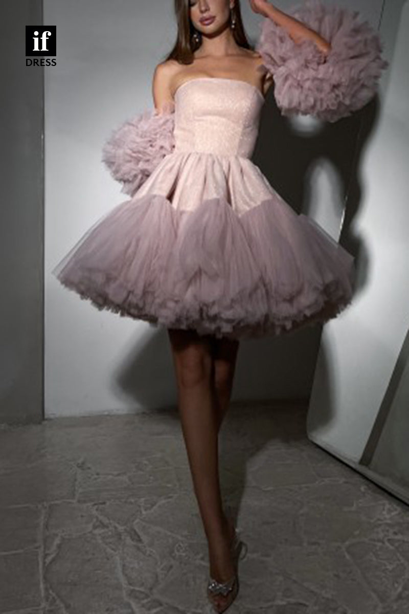 F1454 - Charming Strapless A-Line Ruched Tulle Short Homecoming Graduation Dress