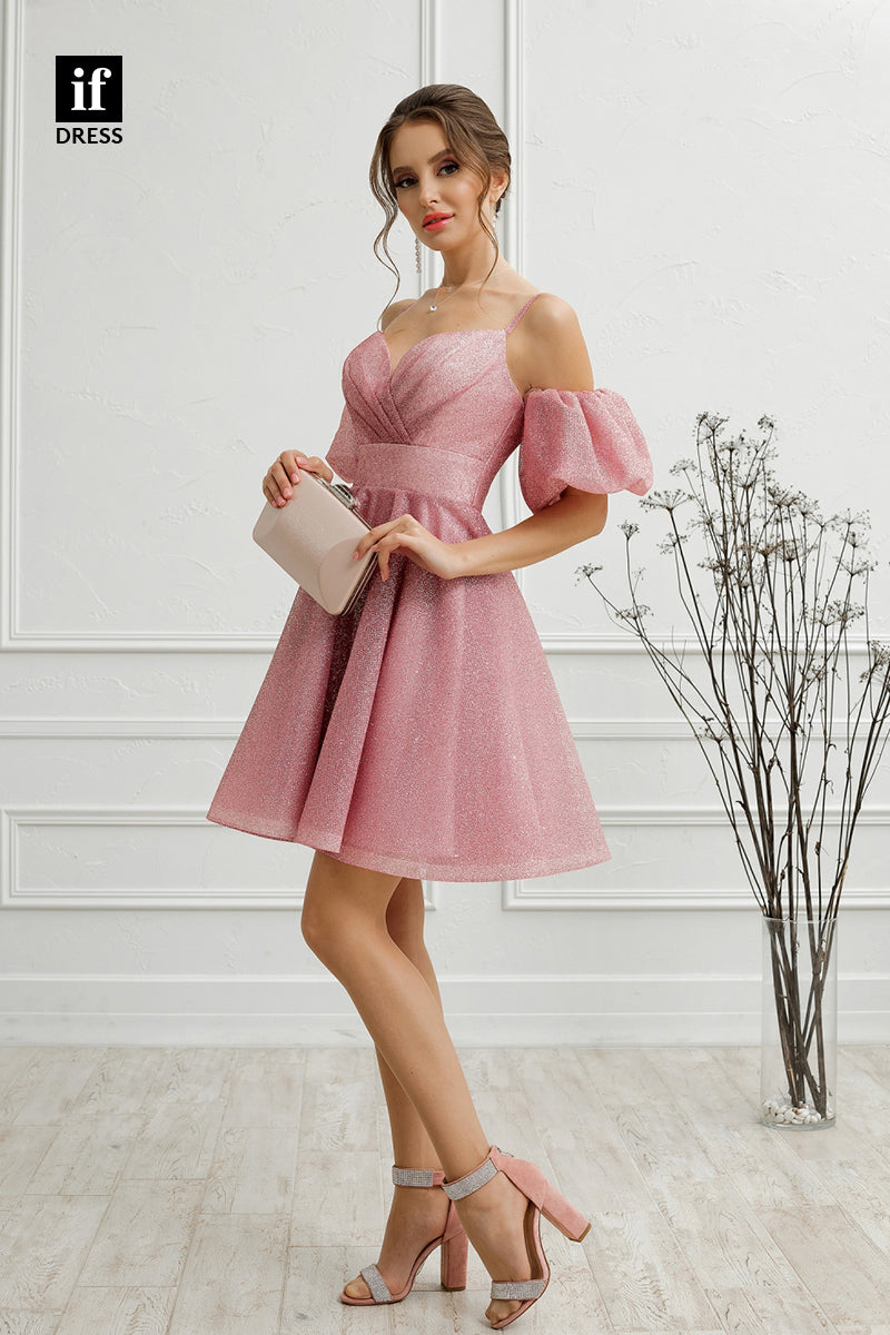 F1461 - Spaghetti Straps V-Neck Pleats A-Line Puff Sleeves Short Homecoming Dress