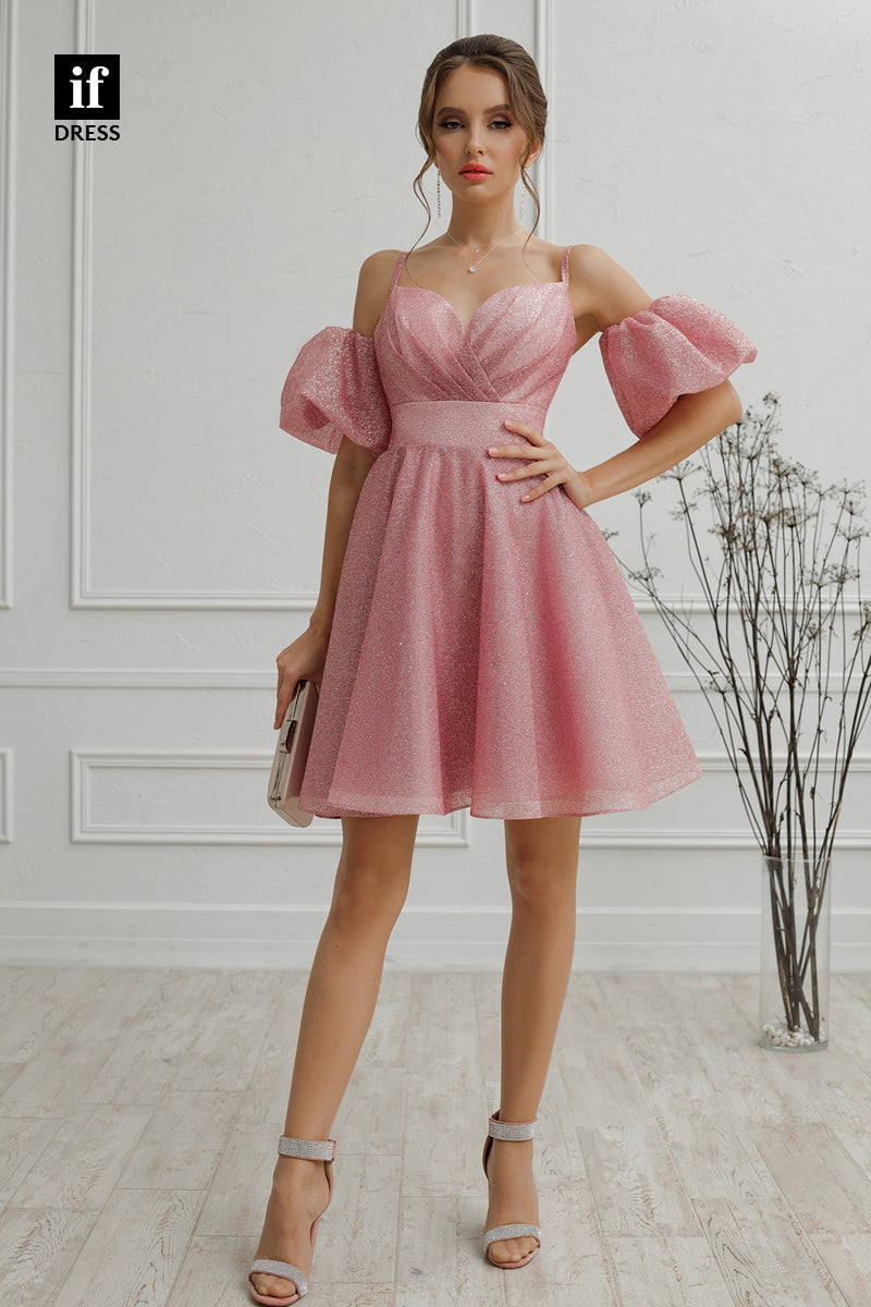 F1461 - Spaghetti Straps V-Neck Pleats A-Line Puff Sleeves Short Homecoming Dress