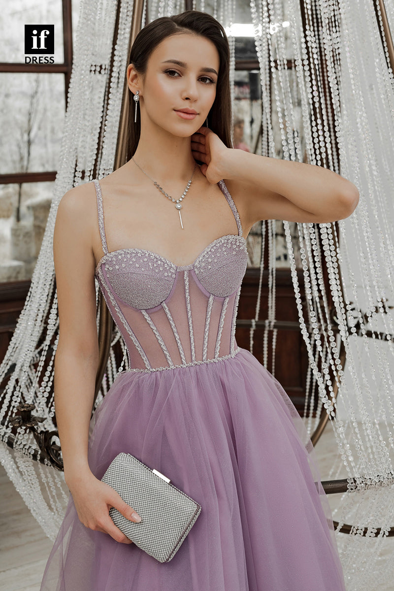 F1462 - Elegant Spaghetti Straps A-Line Sweetheart Beads  Homecoming Graduation Dress