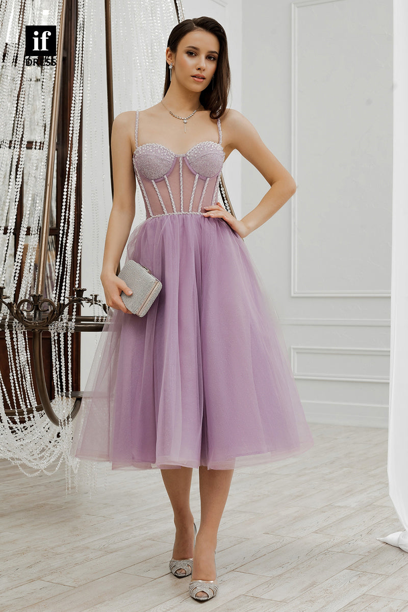 F1462 - Elegant Spaghetti Straps A-Line Sweetheart Beads  Homecoming Graduation Dress