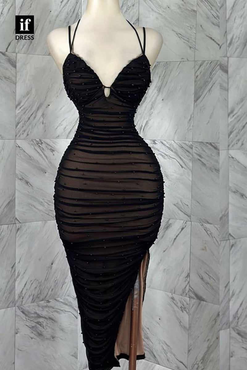 F1481 - Sexy Beads V-Neck  Pleats Side Slit Sheath/Column Party Homecoming Dress