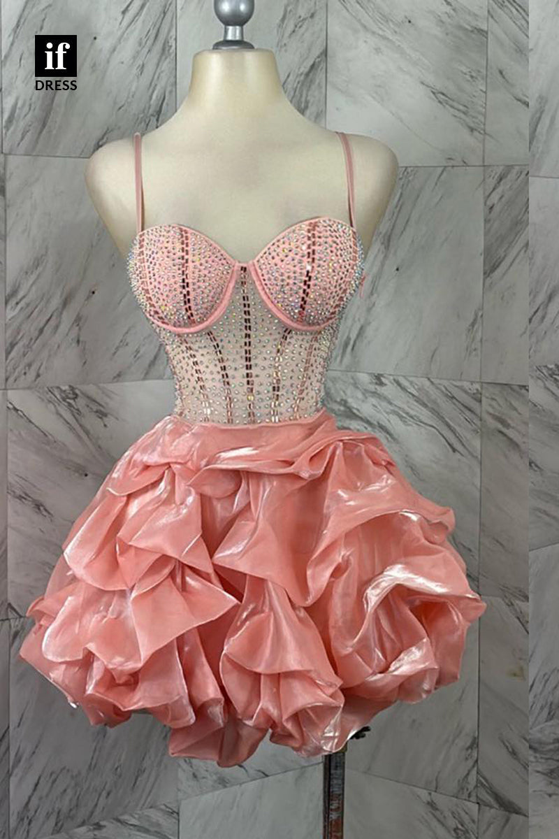 F1482 - Unique Spaghetti Straps Ruched Beads Short Homecoming Party Dress