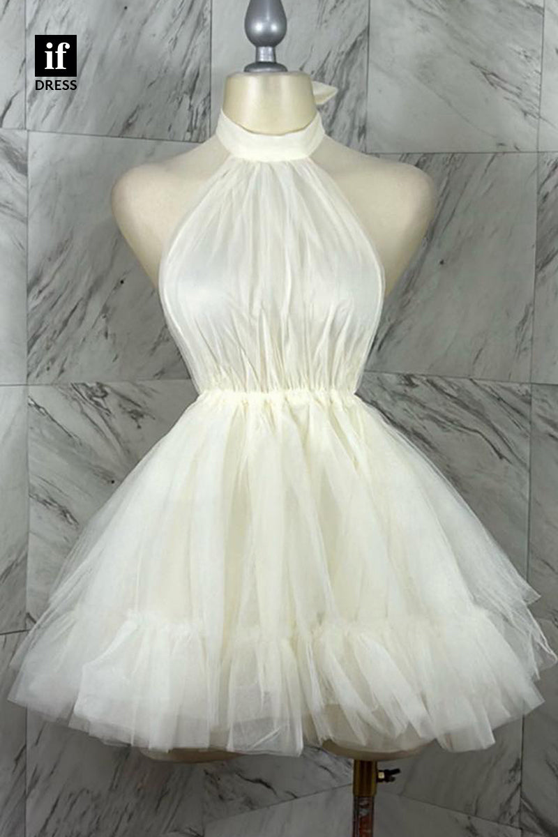 F1483 - Chic High Neck A-Line Tulle Sleeveless Mini Party Homecoming Dress