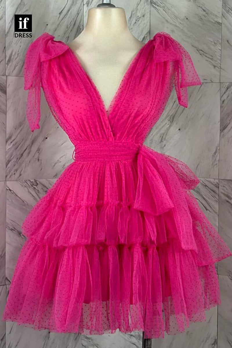 F1485 - Sweet V-Neck A-Line Sleeveless Tiered Tulle Short Party Homecoming Dress