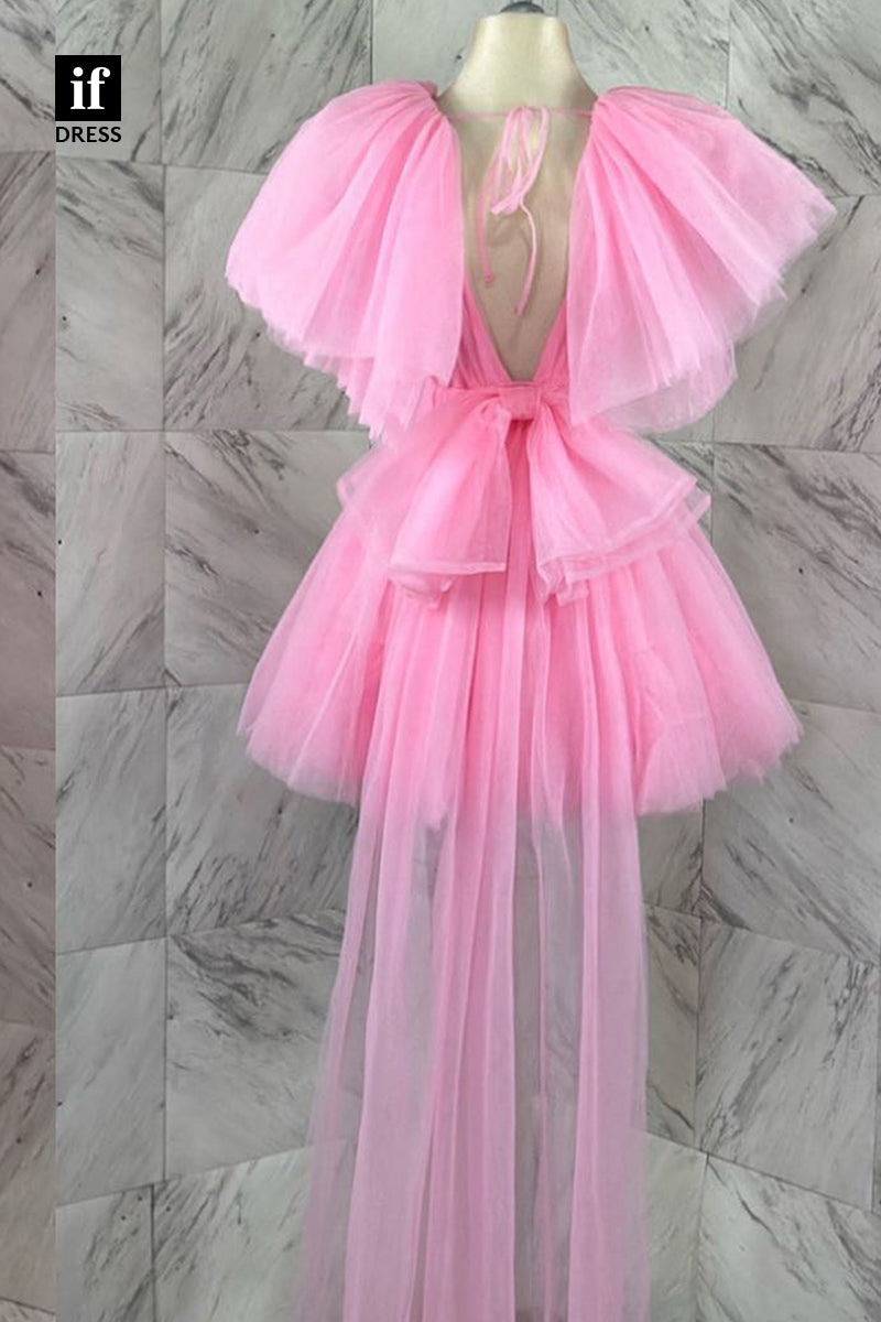 F1486 - Adorable V-Neck A-Line Ruched Puff Sleeves Tulle Mini Party Homecoming Dress