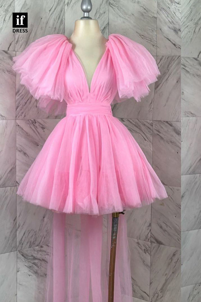 F1486 - Adorable V-Neck A-Line Ruched Puff Sleeves Tulle Mini Party Homecoming Dress