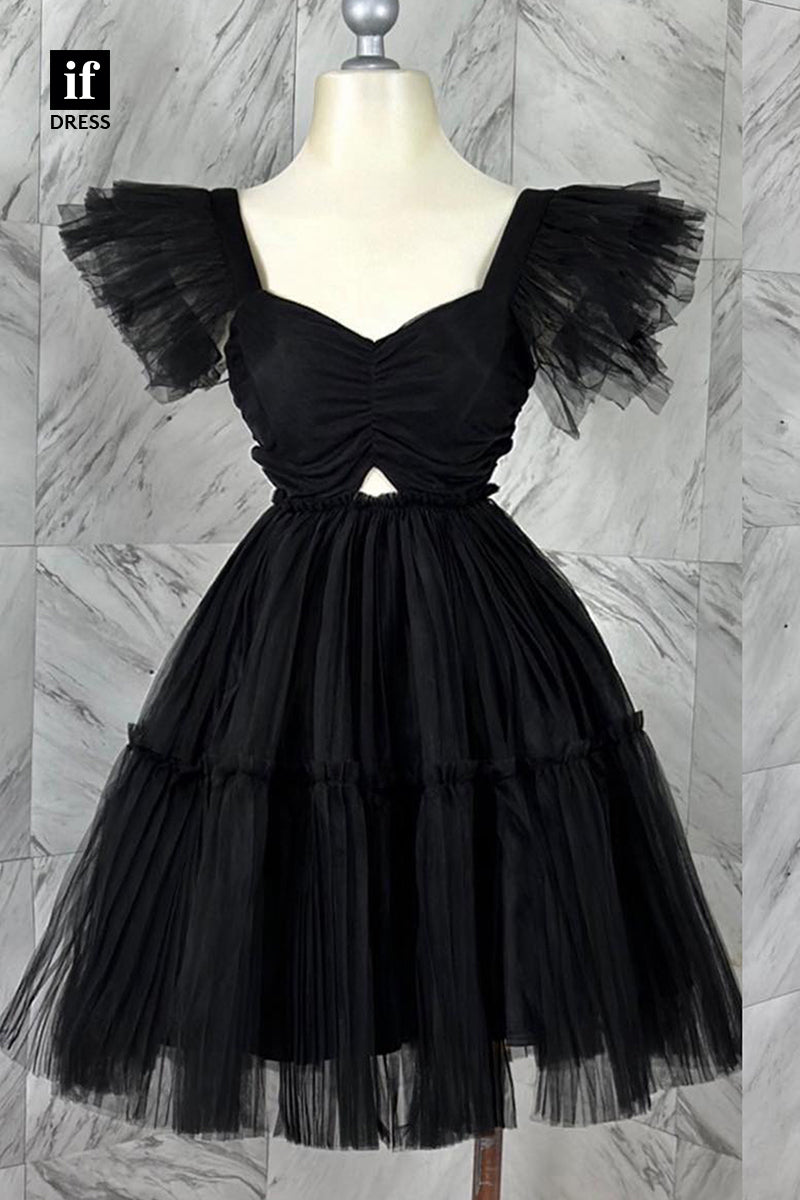 F1487  -Classic A-Line V-Neck Short Sleeves Tulle Short Party Homecoming Dress