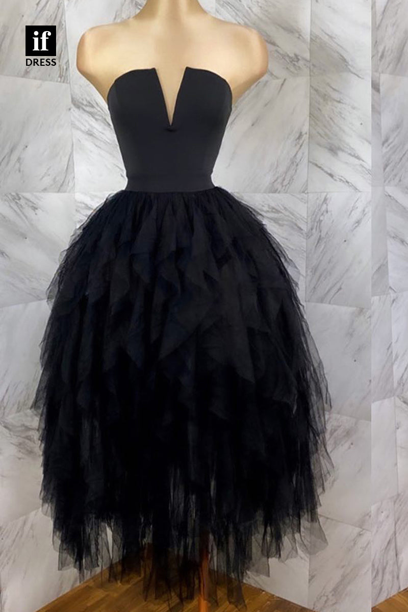 F1491 - Wonderful A-Line Deep V-Neck Tiered Tulle Short Party Homecoming Dress