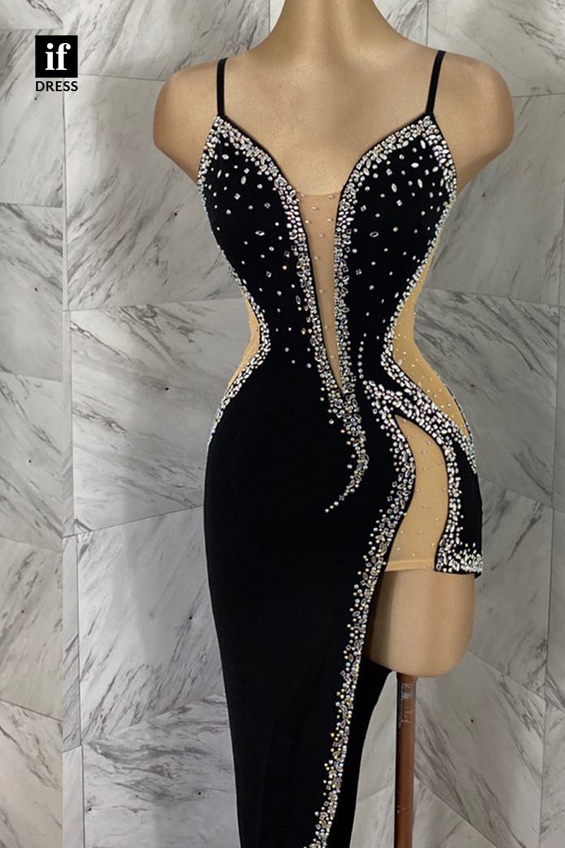 F1492 - Glamorous Low V-Neck Beads High Slit Party Homecoming Gradaution Dress