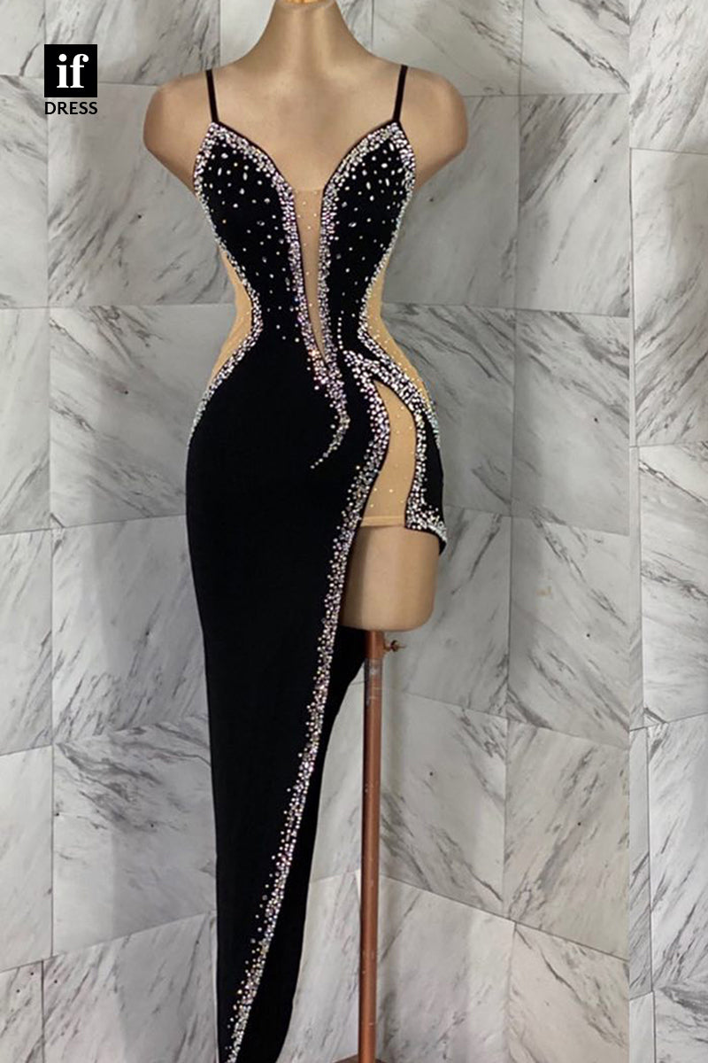 F1492 - Glamorous Low V-Neck Beads High Slit Party Homecoming Gradaution Dress