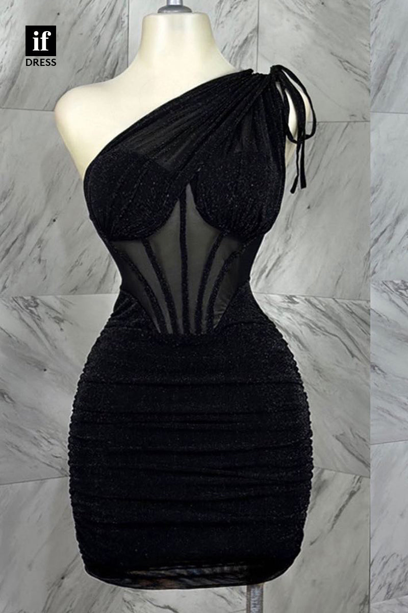 F1493 - Unique One Shoulder Pleats Bodycon Party Homecoming Cocktail Dress