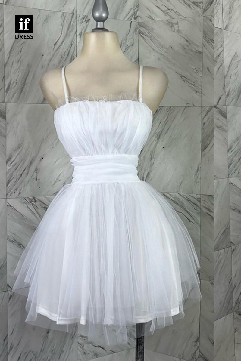 F1494 - Sweet Spaghetti Straps A-Line Tulle Short Party Homecoming Gradaution Dress