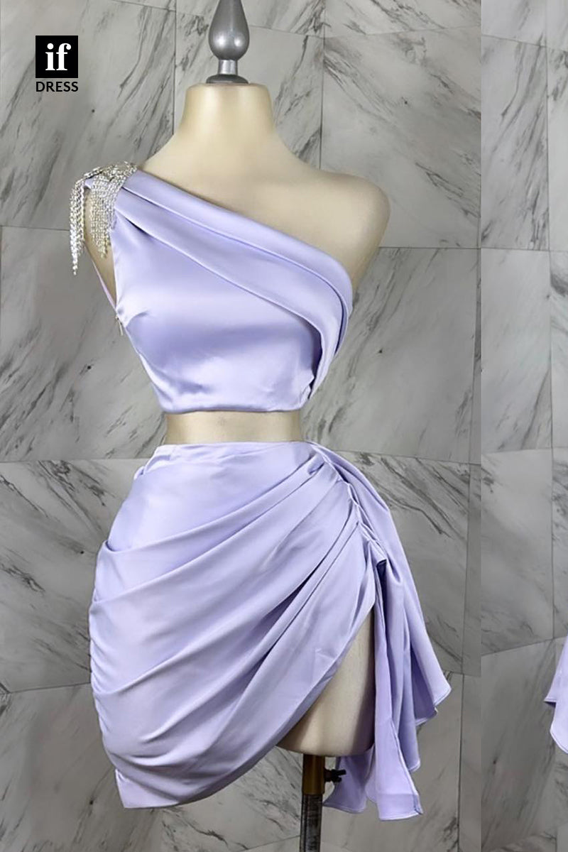 F1499 - Elegant One Shoulder Pleats Two Piece Mini Homecoming Party Dress