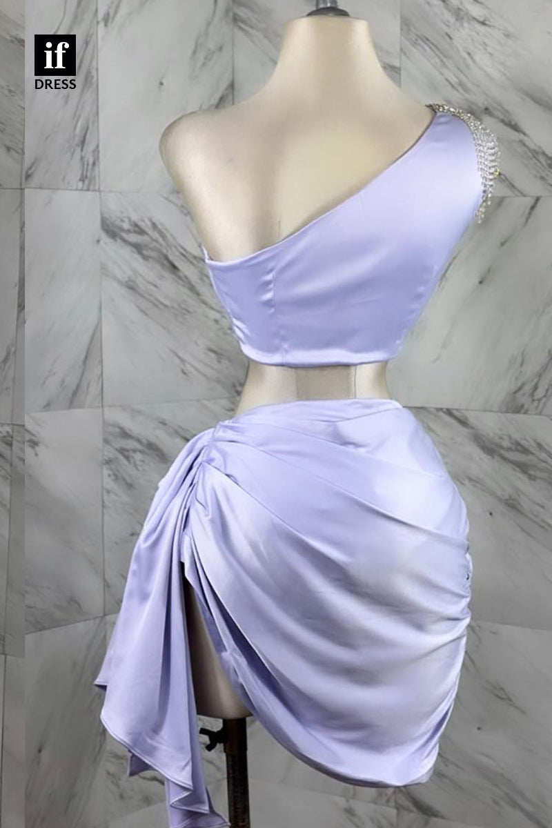 F1499 - Elegant One Shoulder Pleats Two Piece Mini Homecoming Party Dress