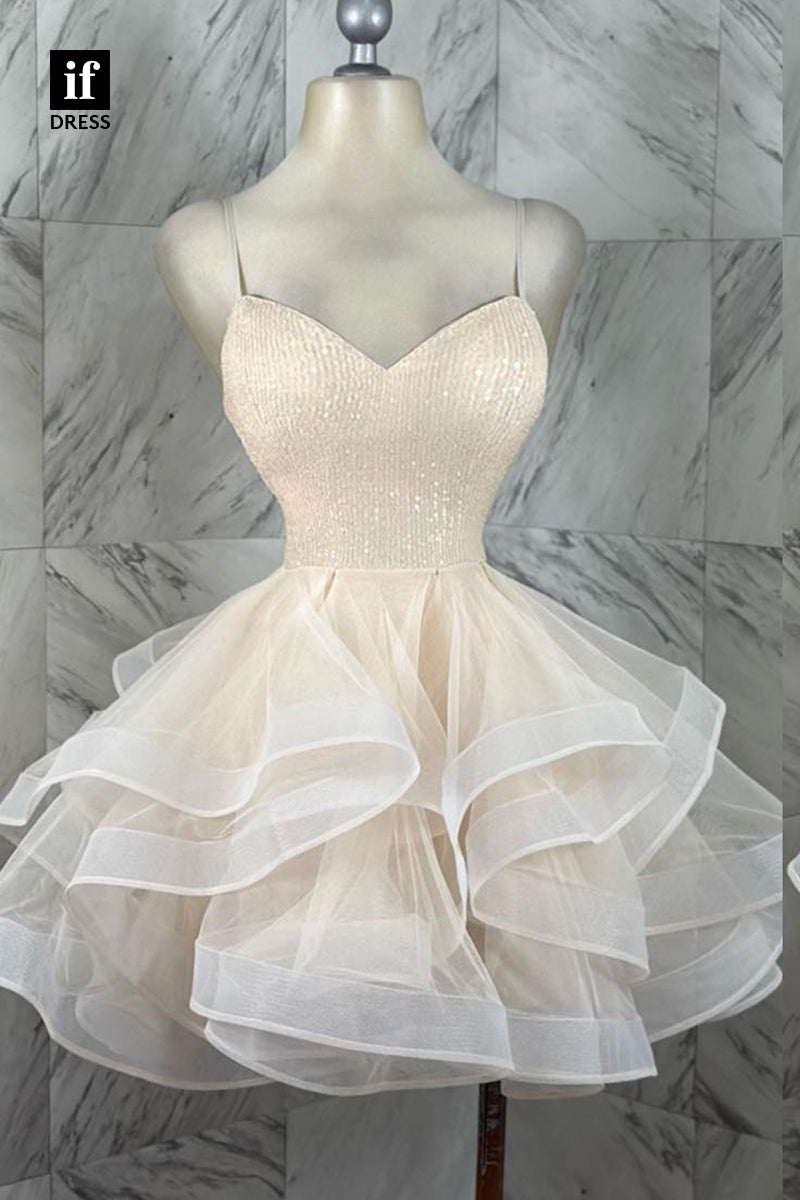 F1500 - Sweet A-Line V-Neck Ruffles Tulle Short Party Homecoming Graduation Dress