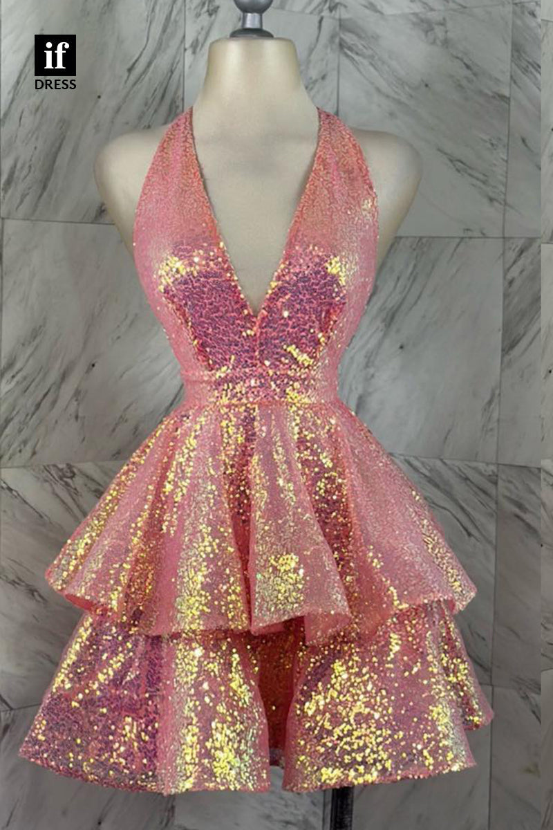 F1501 - Sexy Halter A-Line Full Sequins Sleeveless Mini Party Cocktail Homecoming Dress