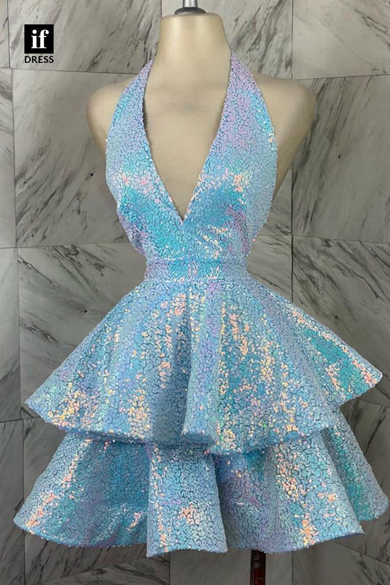 F1501 - Sexy Halter A-Line Full Sequins Sleeveless Mini Party Cocktail Homecoming Dress