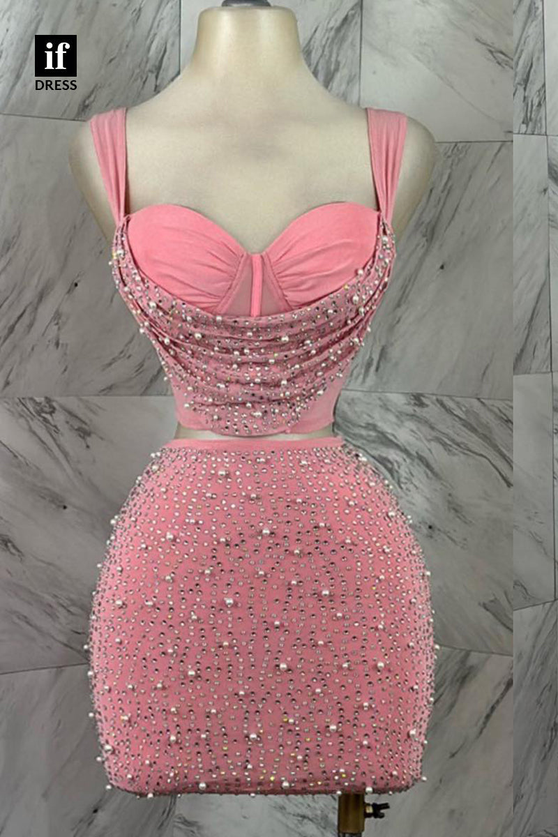 F1504 - Unique Two Piece Straps Beads Tight Cocktail Party Homecoming Dress