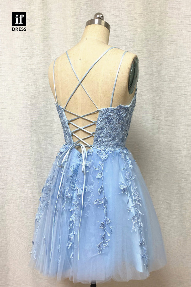 F1510 - Delicate A-Line Scoop Lace Appliques Party Homecoming Graduation Dress