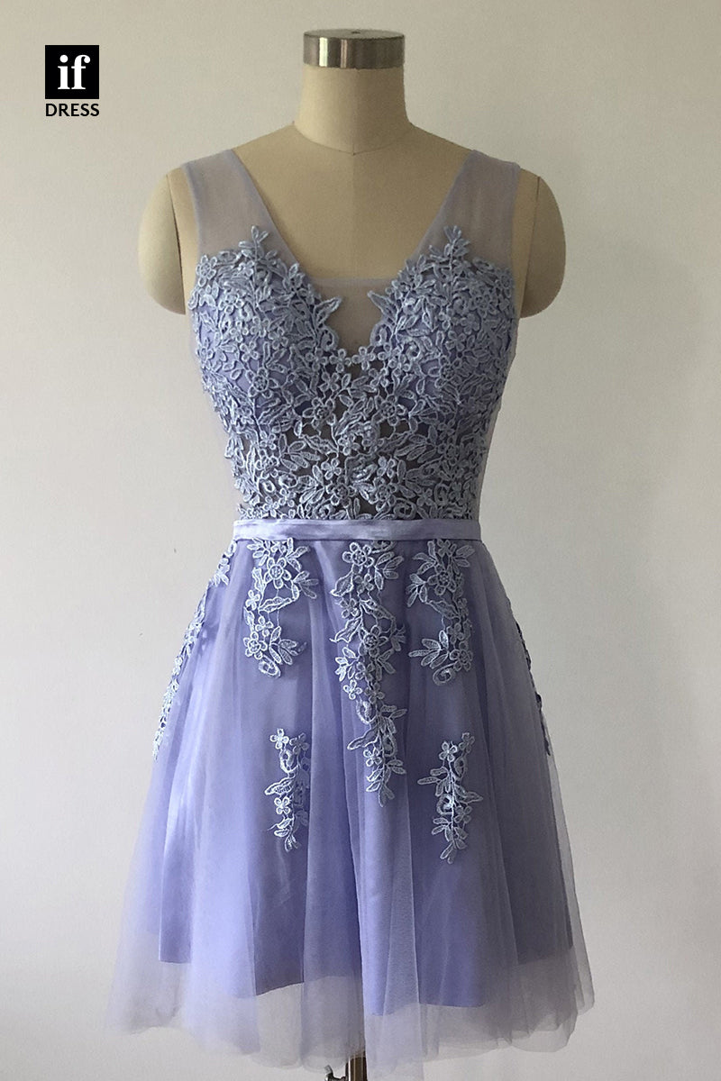 F1511 - Sweet Straps V-Neck Appliques Party Cocktail Homecoming Dress