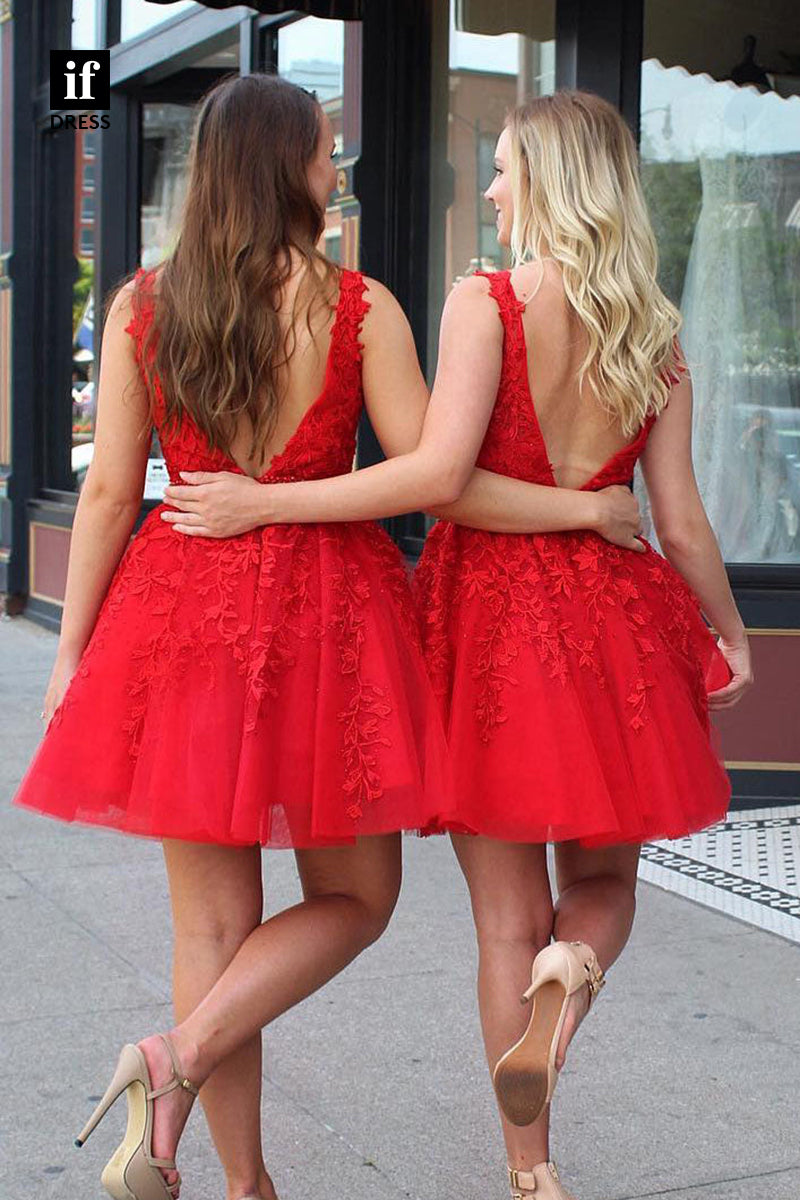 F1566  -Adorable Low V-Neck Appliques A-Line Short Cocktail Homecoming Dress