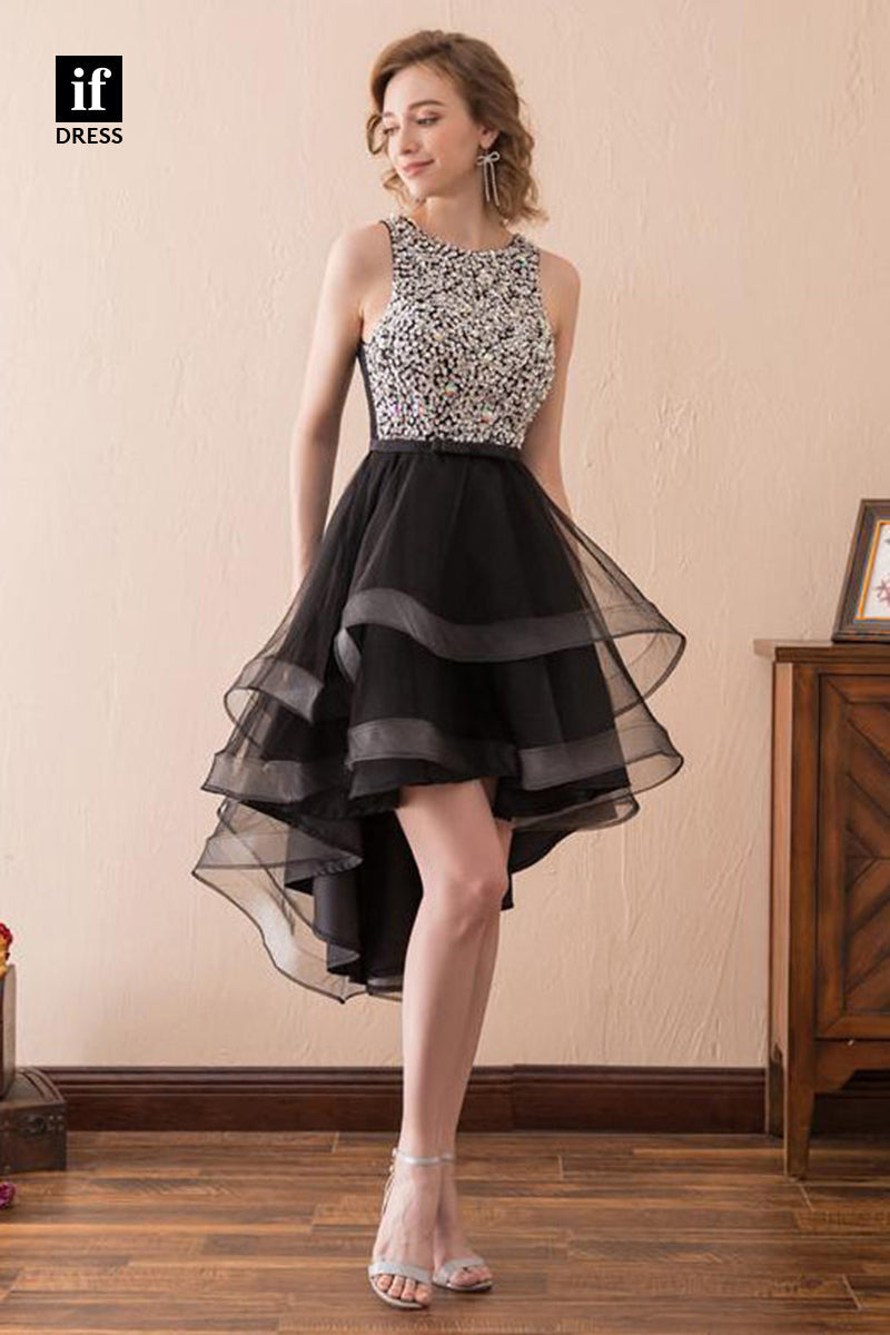 F1577 -  Chic High Low Ruched Top Sequins Sleeveless Cocktail Homecoming Dress