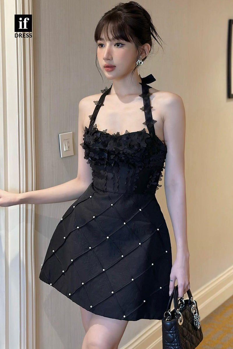 F1579 - Chic Halter Beads Sleeveless Satin Cocktail Homecoming Gradaution Dress