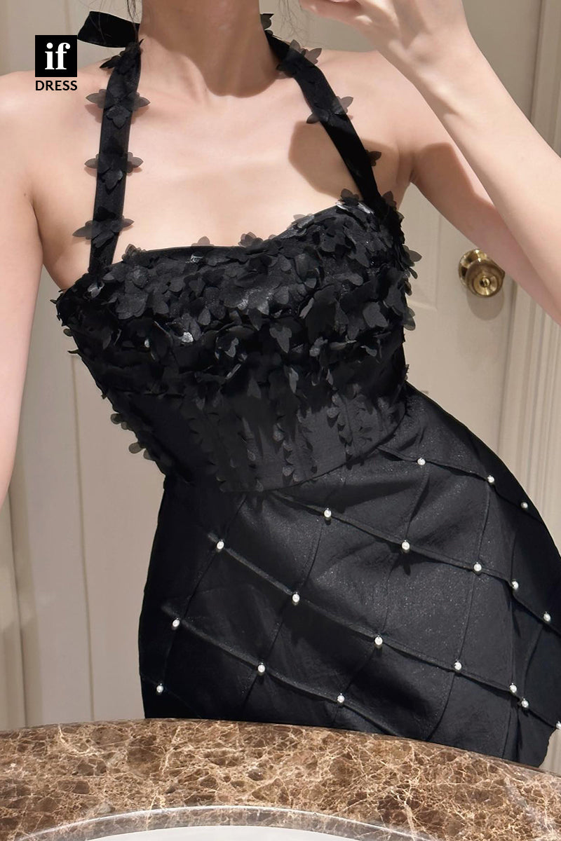 F1579 - Chic Halter Beads Sleeveless Satin Cocktail Homecoming Gradaution Dress