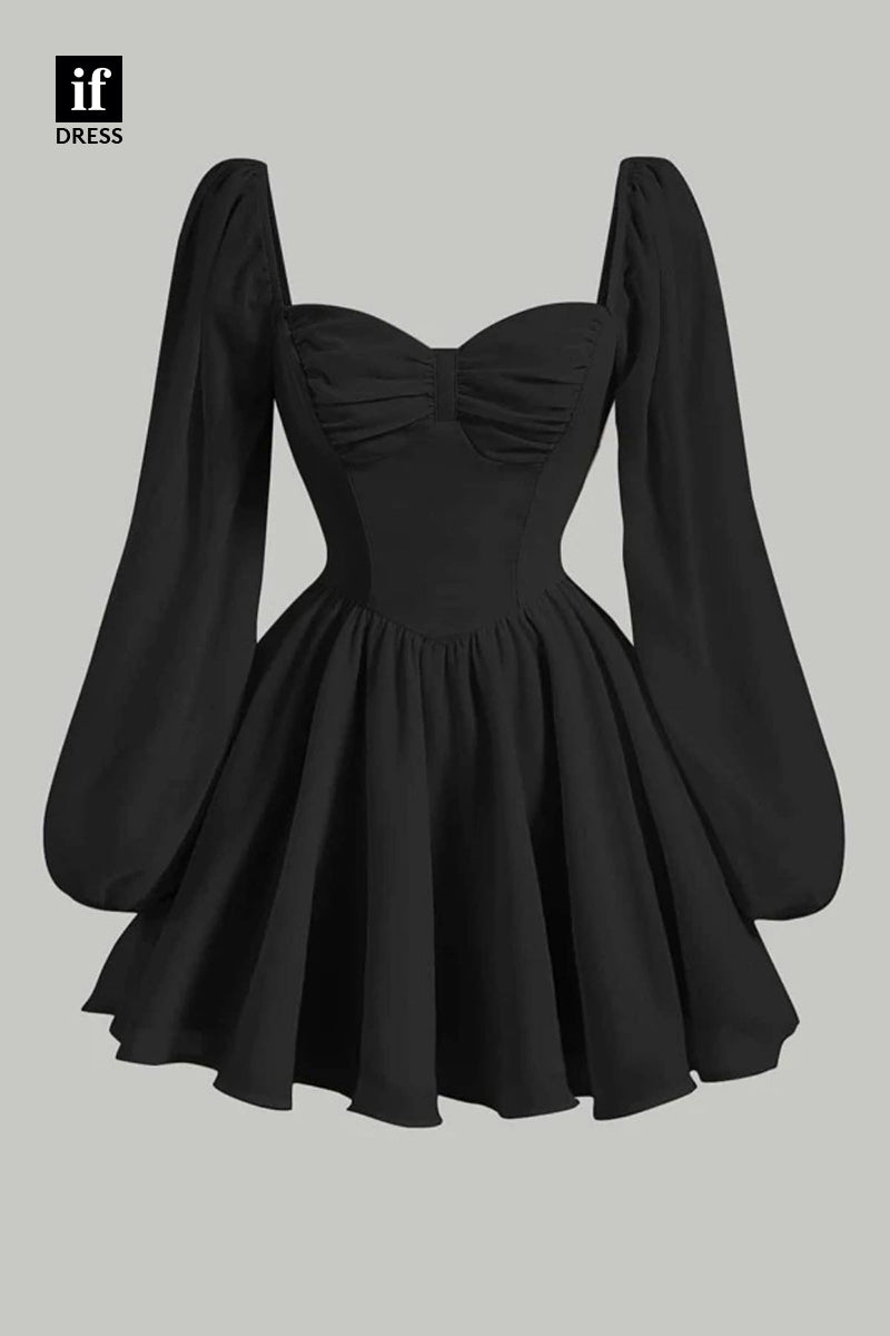 F1584 - Classic A-Line Sweetheart Long Sleeves Ruched Cocktail Homecoming Party Dress