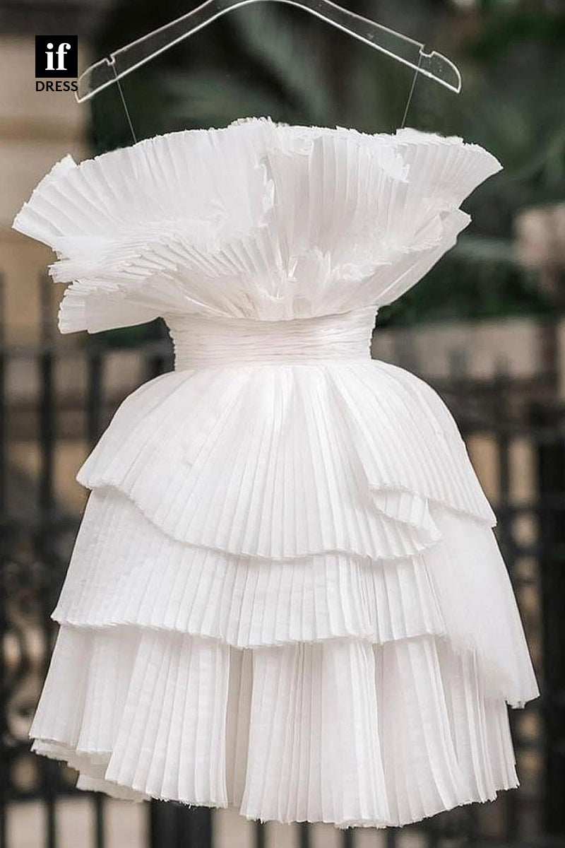 F1597 - Unique off-Shoulder Ruched Tiered Short Cocktail Homecoming Party Dress