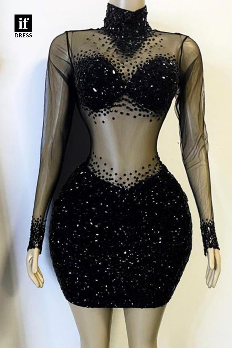 F1642 - Classic High Neck Beads Long Sleeves Tight Homecoming Dress For Black Women