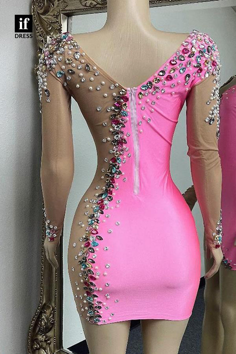 F1643 - Amazing Scoop Beads Long Sleeves Tight Homecoming Dress For Black Women