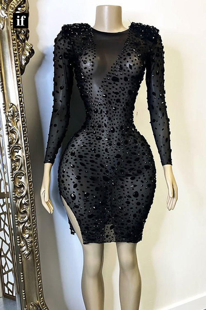 F1644 - Chic Sheath/Column Long Sleeves Beads Tight Homecoming Dress For Black Women