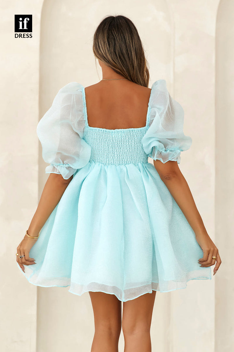 F1682 - Sweet Scoop A-Line Puff Sleeves Cocktail Homecoming Party Dress