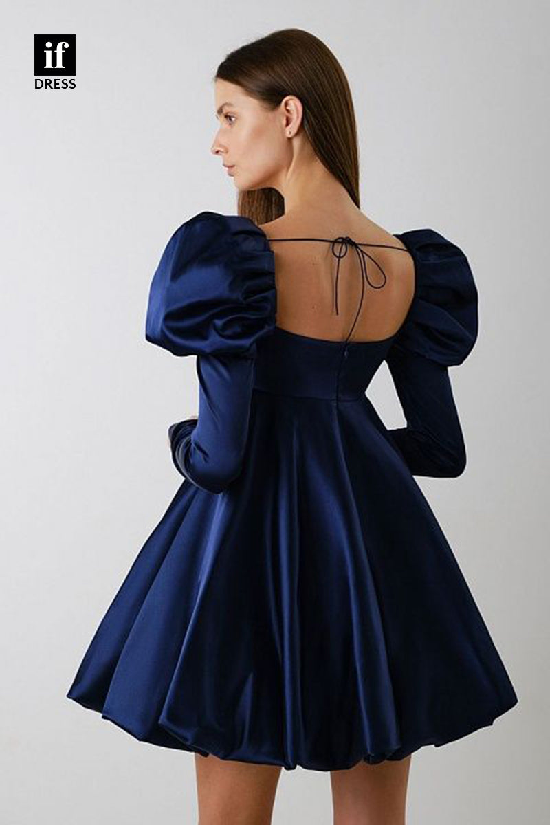 F1706 - Elegant Long Sleeves A-Line Ruched Satin Short Cocktail Homecoming Party Dress