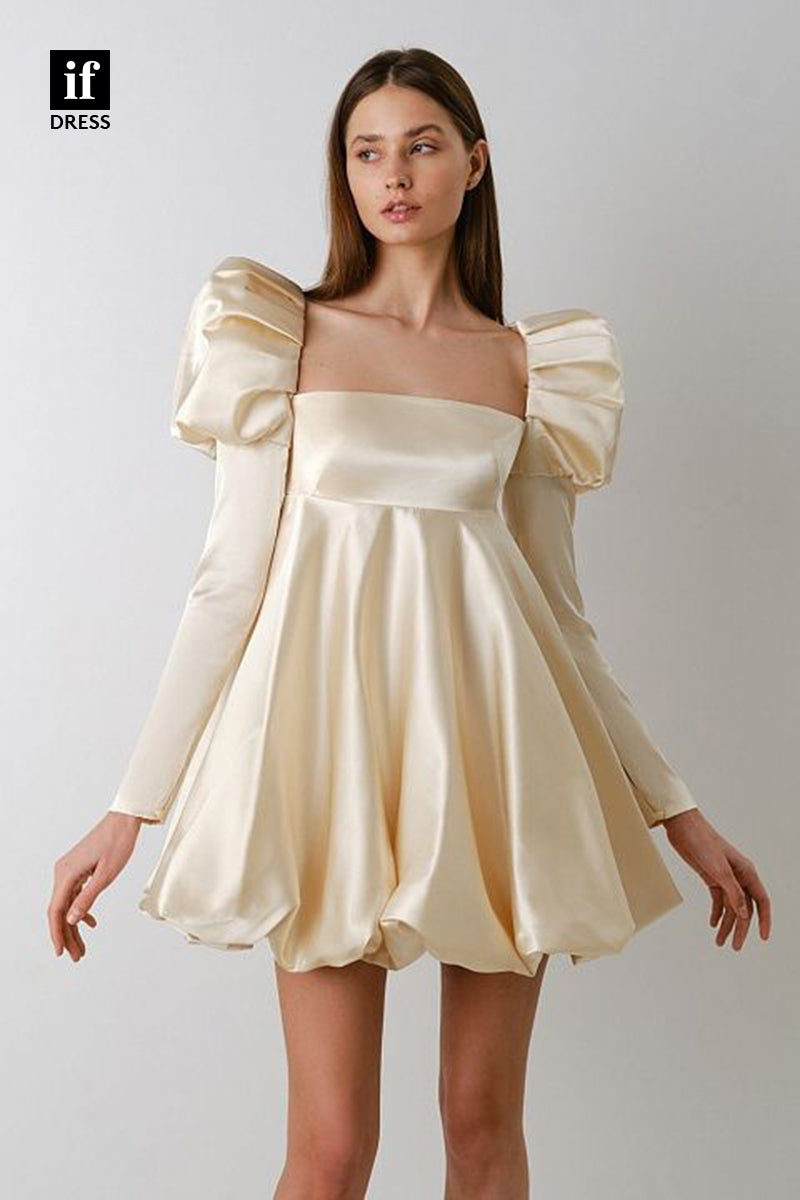 F1706 - Elegant Long Sleeves A-Line Ruched Satin Short Cocktail Homecoming Party Dress