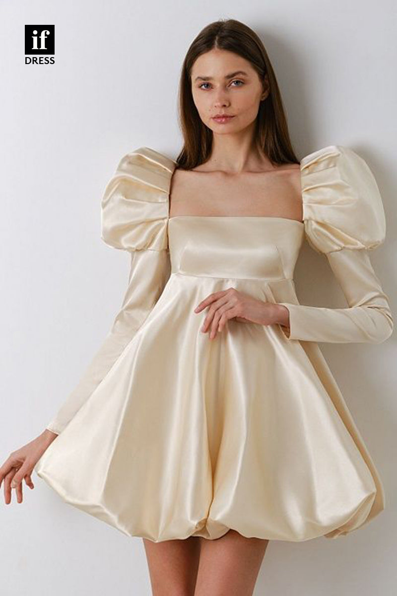 F1706 - Elegant Long Sleeves A-Line Ruched Satin Short Cocktail Homecoming Party Dress