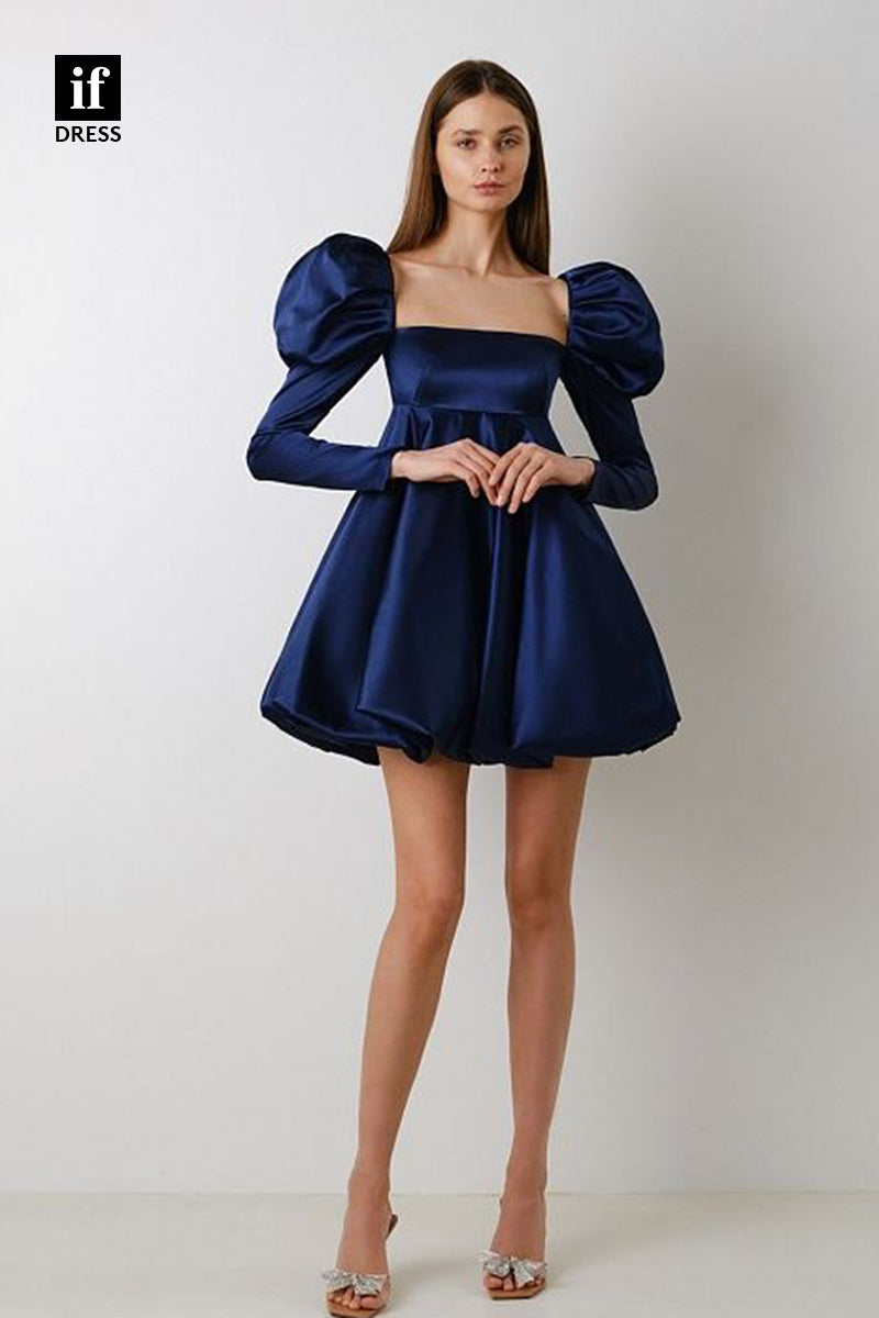 F1706 - Elegant Long Sleeves A-Line Ruched Satin Short Cocktail Homecoming Party Dress